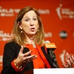 WNBA commissioner Cathy Engelbert addresses the media.